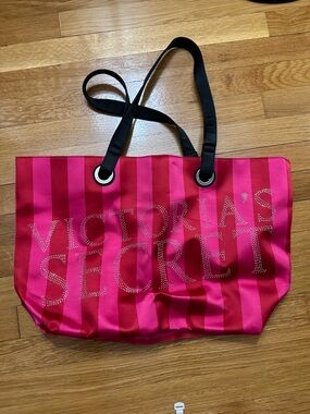 Victoria's Secret Holiday Hot Pink Striped Tote with Black Straps